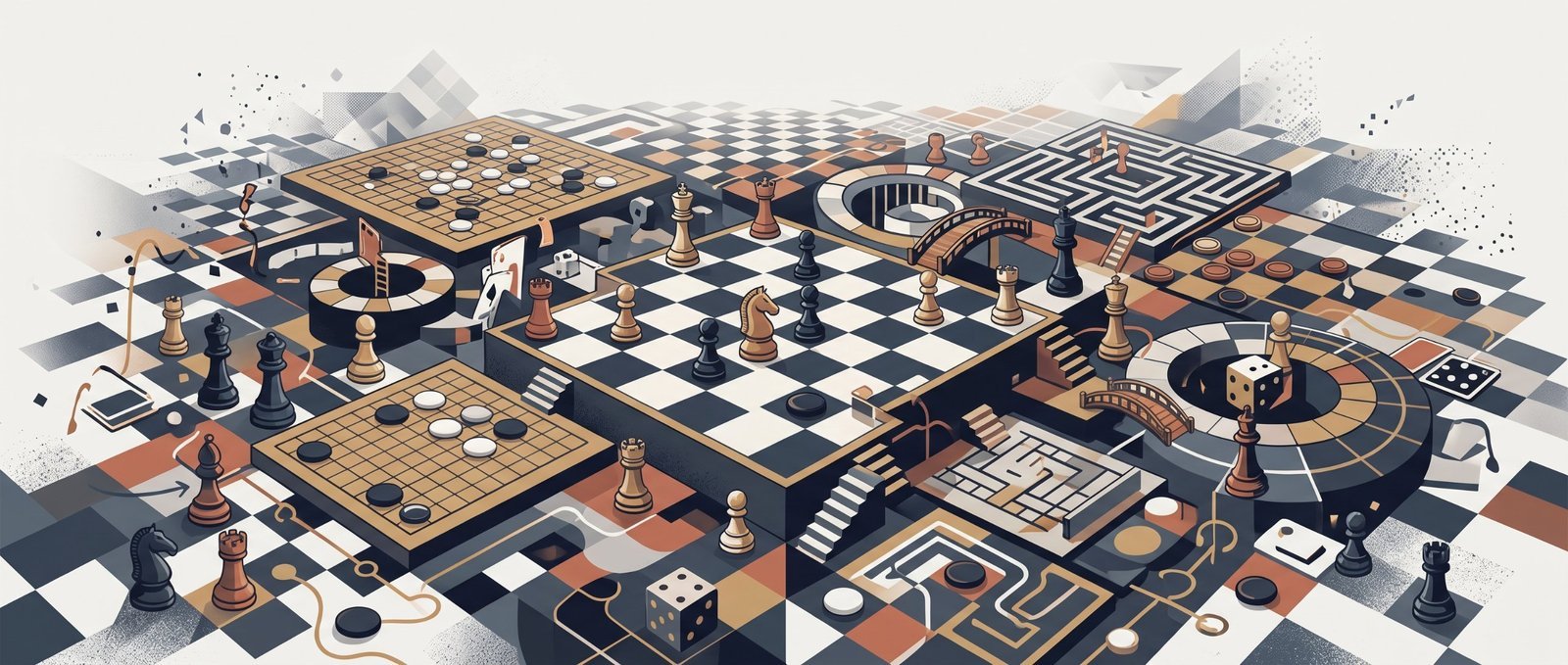 Ilustração de vários tabuleiros de jogos sobrepostos, com peças de xadrez, pedras de go, dados, labirintos e pontes ligando um tabuleiro ao outro