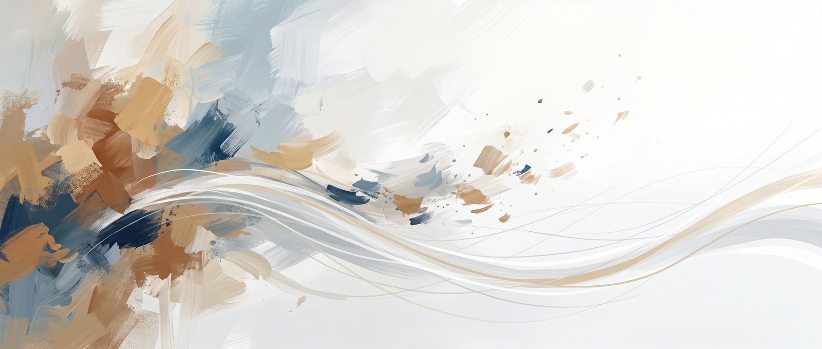 Pintura abstrata com pinceladas em azul, ocre e branco que se desfazem em linhas leves e fluidas