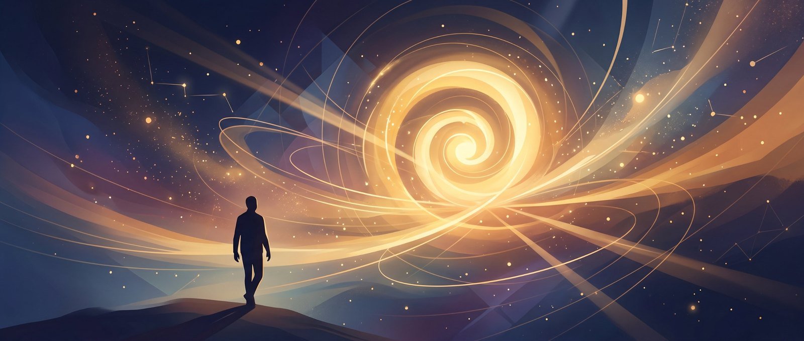 Ilustração de uma pessoa em silhueta caminhando no alto de uma colina em direção a uma espiral de luz dourada num céu noturno estrelado