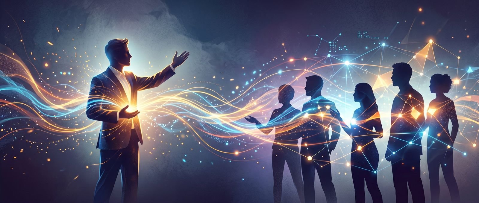 Ilustração de um líder diante da equipe, ligados por linhas de luz e uma rede de conexões