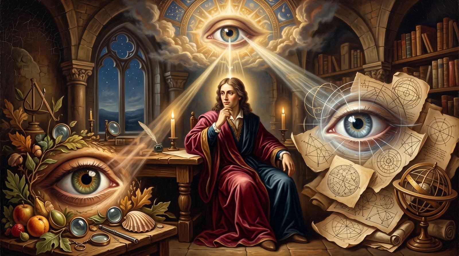 Pintura de um estudioso em uma biblioteca medieval, cercado por três grandes olhos que representam os sentidos, a razão e a contemplação