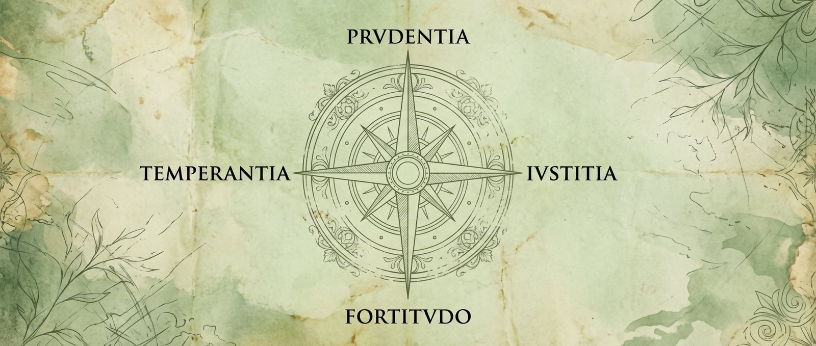 Rosa dos ventos desenhada sobre papel antigo em tons de verde, com as palavras latinas Prudentia, Iustitia, Fortitudo e Temperantia nos quatro pontos cardeais